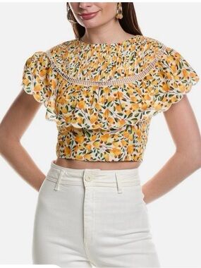 FARM Rio Yellow Fruit Print Smocked Ruffle Crop Top